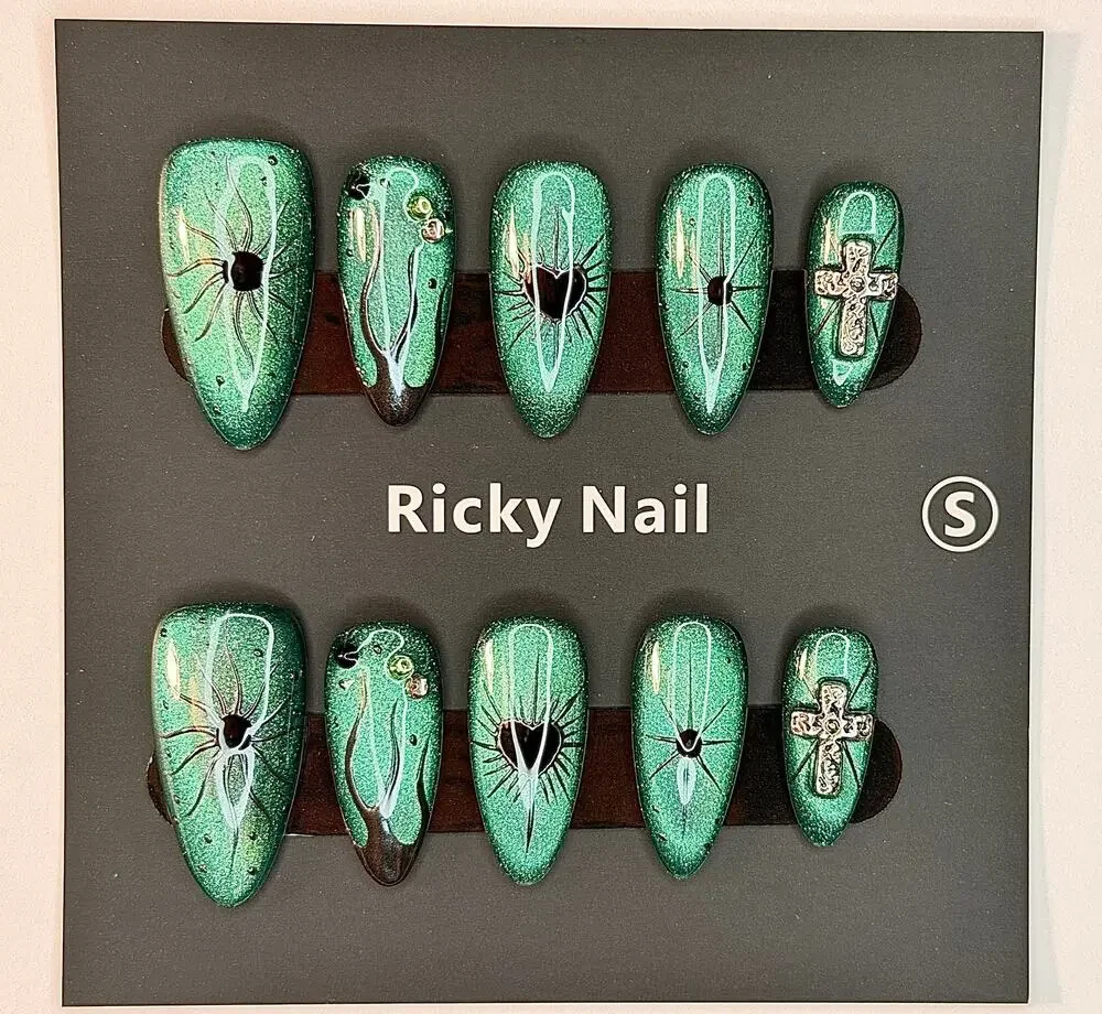 Ricky Nail Press On Nail Size S Emerald Green Cat Eye Gothic